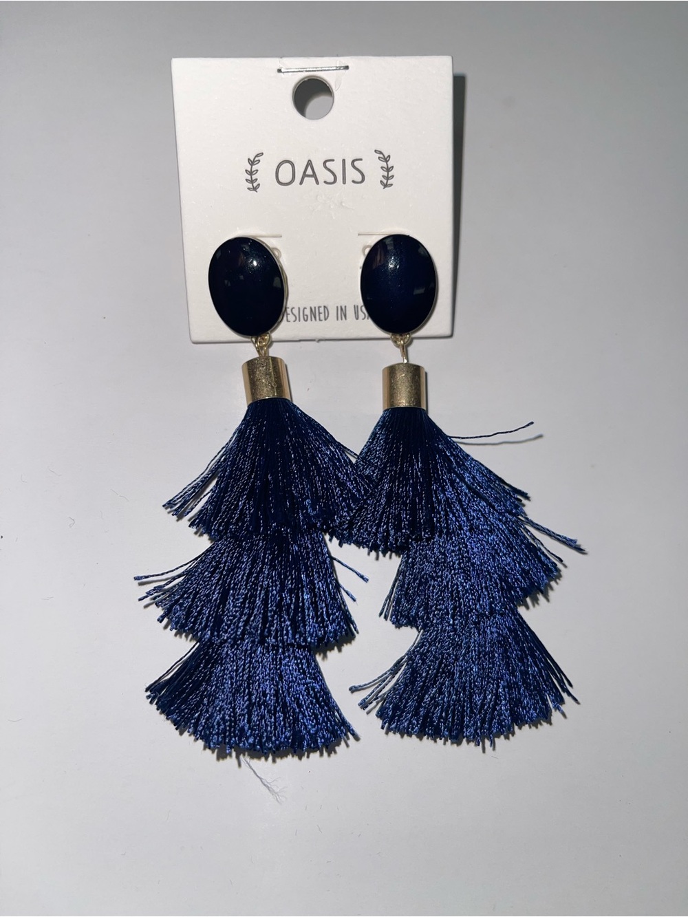 Oasis Deep Blue Tiered Tassel Drop Earrings with Gold Caps